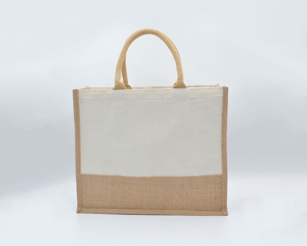 Jutepose med canvas og korte hanke creme